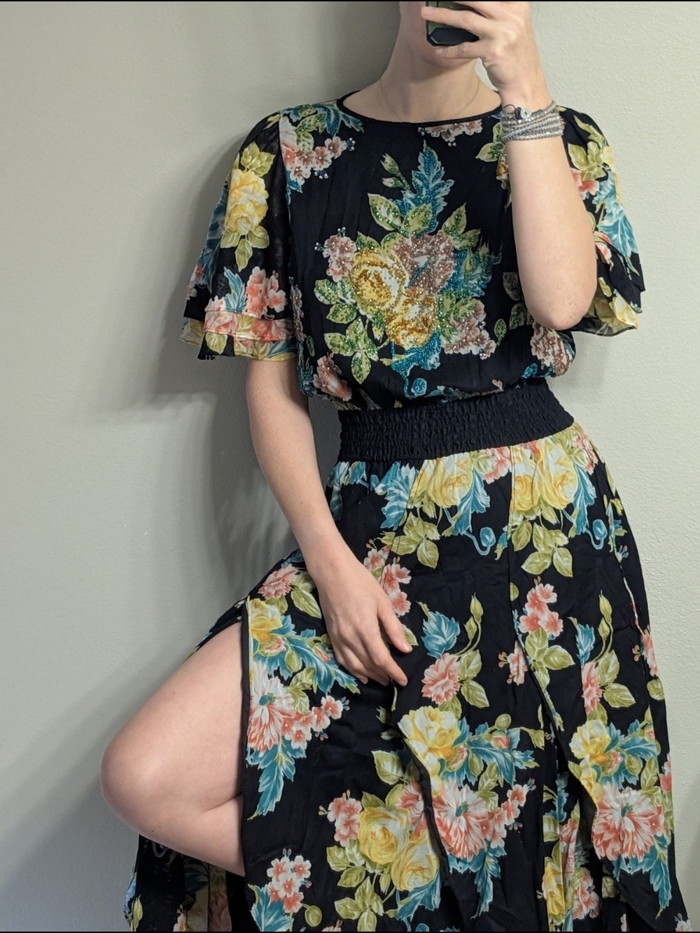 Diane Freis Vintage Designer 90s Black Floral Beaded Cottagecore Dress Medium M